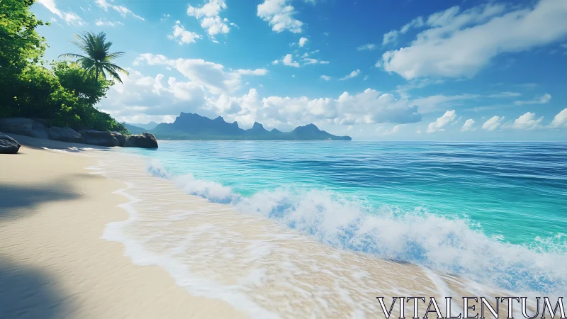 Tropical Beach with Mountain Islands and Clear Water