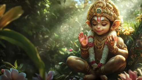 Divine child monkey deity in jeweled crown amid floral light.