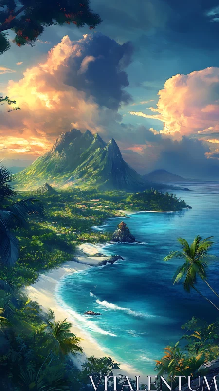 Tropical Island Paradise with Dramatic Volcanic Peak