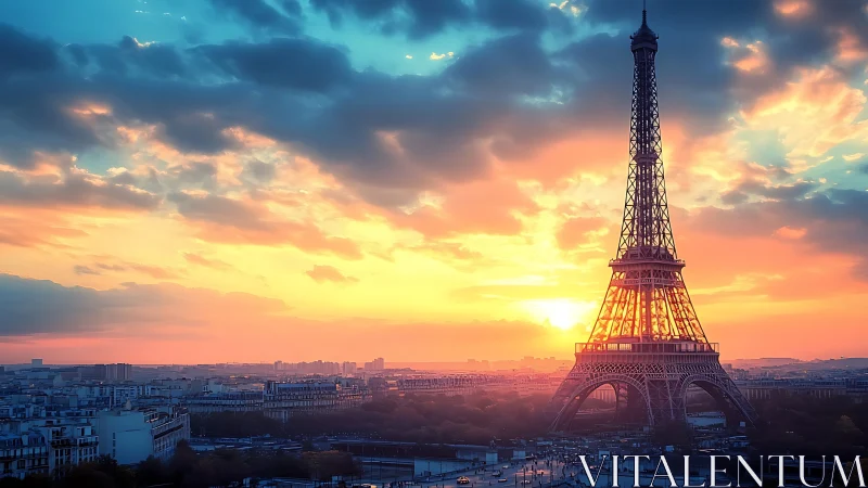 Backlit Eiffel Tower framed by high-saturation sunset sky