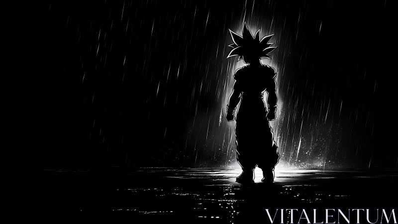 Backlit spiky-haired warrior silhouette in nocturnal rainfield.