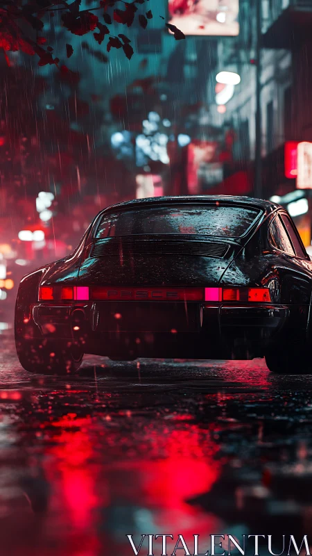 Rear-view classic sports coupe in neon-soaked rainy night street