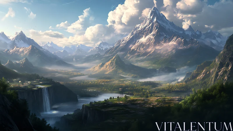 Sunlit mountain valley with misty falls and quiet village.