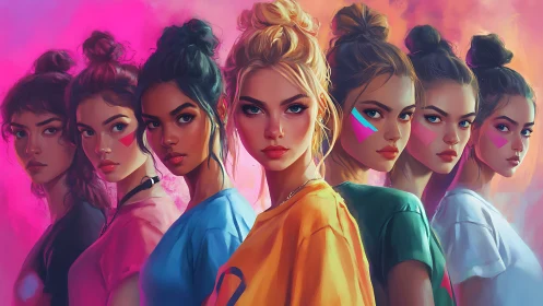 Digital portrait lineup of seven stylized women in neon ambience