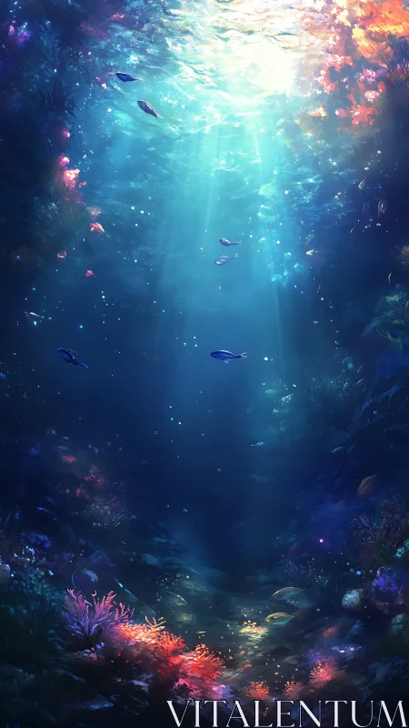 Sunlit underwater scene with coral and drifting fish.