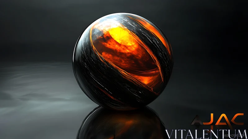 Molten dusk coils inside a polished obsidian digital sphere