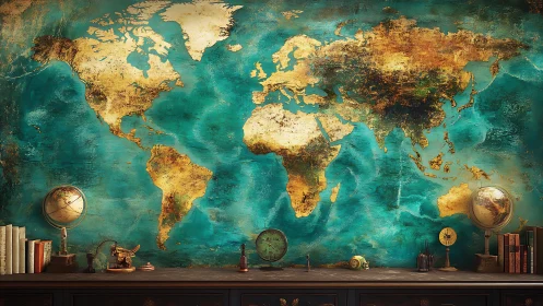 World map mural dominates teal wall above vintage desk
