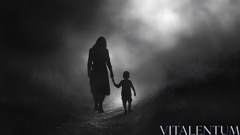 Two figures silhouetted on rural path at dusk.