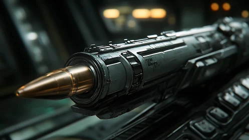 Hyper-detailed railgun sabot round in starship launch cradle.