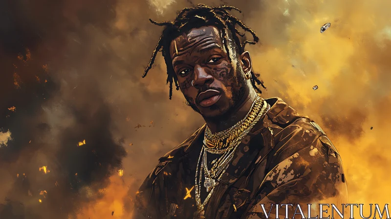 Gold-draped rebel studies the storm of burning embers behind