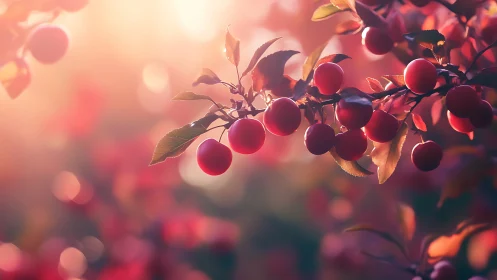 Sunlit cherry branch glowing in dreamy bokeh garden.