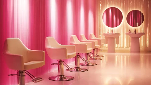 Chromatic salon workstation array under gradient pink luminance.
