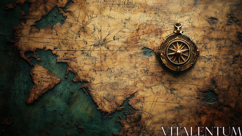 Antique brass compass on distressed vintage world map surface