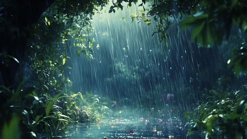 Torrential downpour through verdant canopy creates luminous cascade effect.