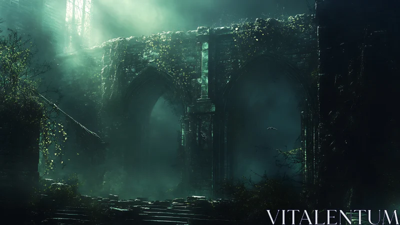 Moonlit ruins wrapped in mist and quiet green shadows.