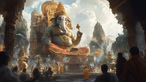 Large Ganesha statue in expansive temple complex setting.