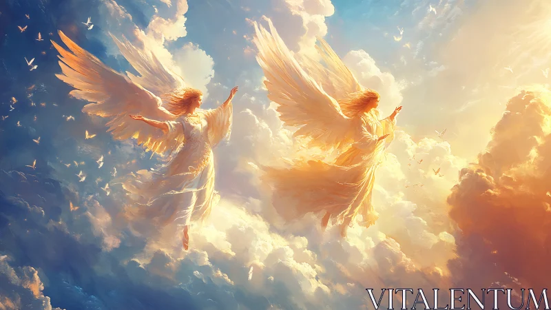 Winged figures move through illuminated stratiform clouds
