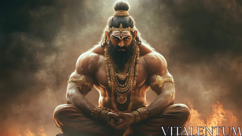 Seated muscular figure in ornate jewelry holds meditative posture