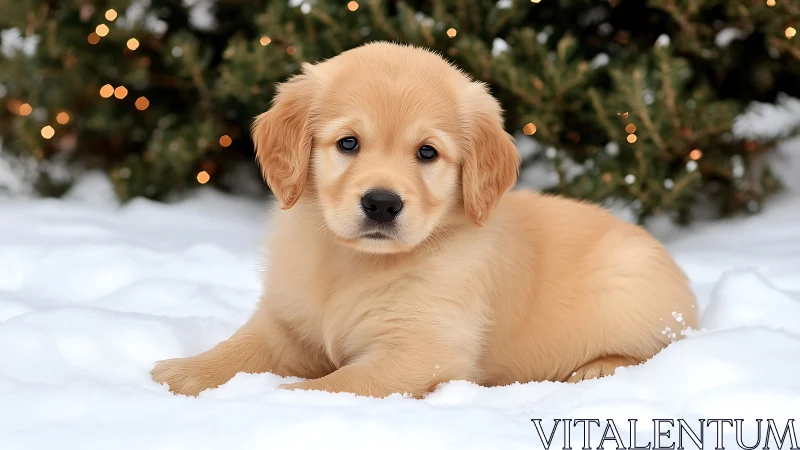 Golden retriever puppy lying in snow before lit evergreens.