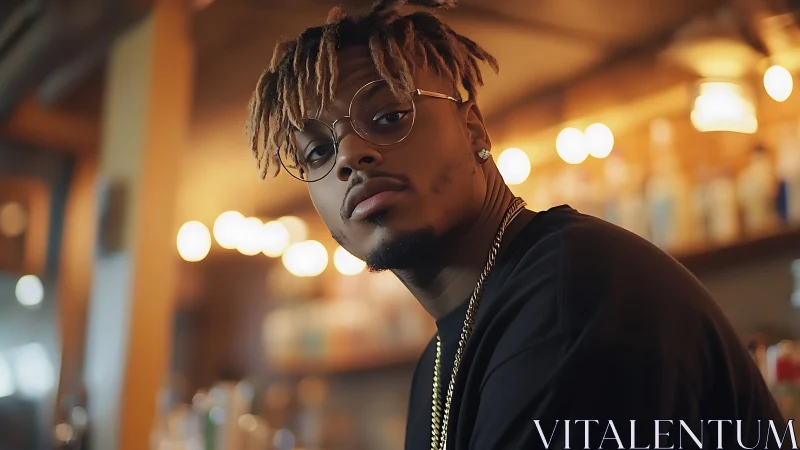 Warm city lights and a thoughtful gaze at the bar counter.