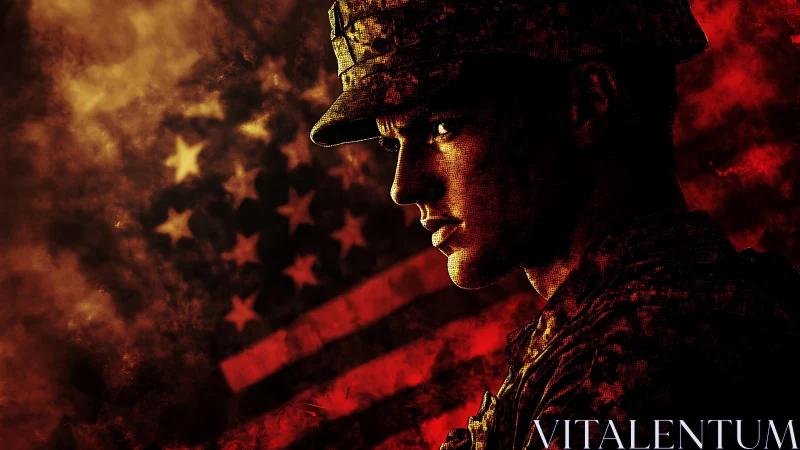 Soldier profile with distressed United States flag backdrop.
