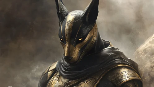 Armored jackal warrior in gold mask amid desert haze.