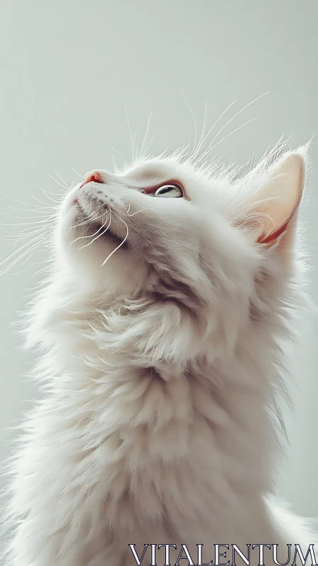 Upward-Gazing White Feline with Enhanced Fur Texture and Chromatic Pupil Detail.