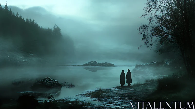Fogbound lakeshore with two cloaked silhouettes at dawn
