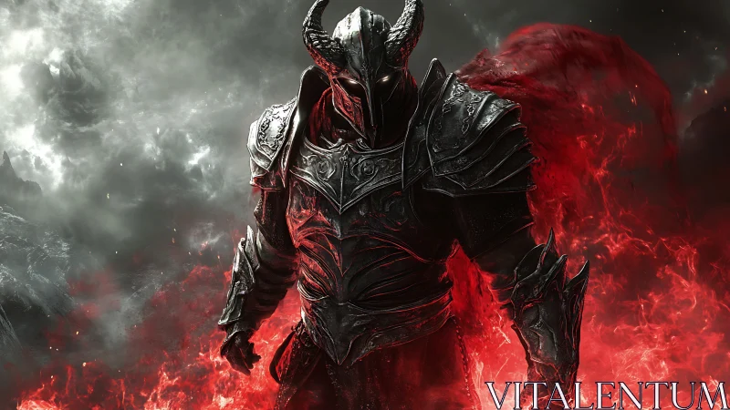 Armored demon lord strides through searing crimson fire