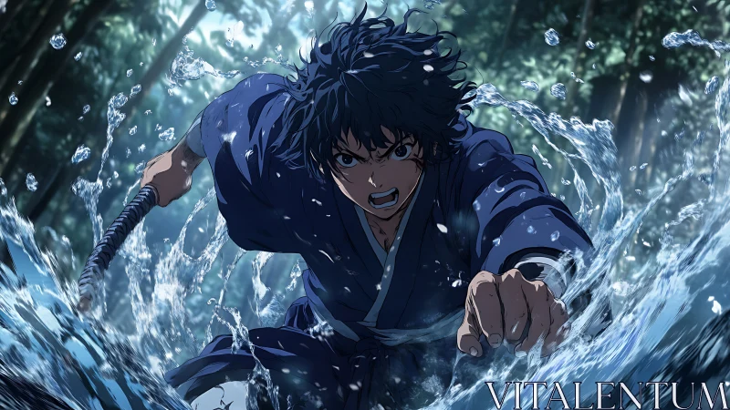 Dynamic anime swordsman lunging through splashing river water