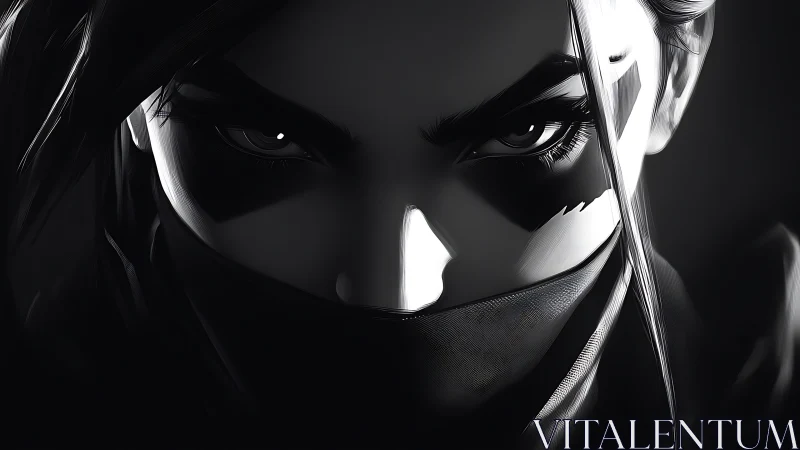 Stealth assassin portrait in stark monochrome lighting focus.