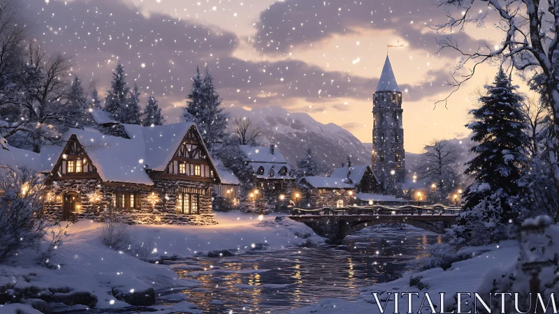 Digital painting of snowy alpine village with river bridge at dusk.