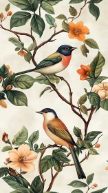 Songbirds perched among botanical branches in soft palette.