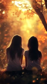 Two figures watching golden sunset through autumn trees.