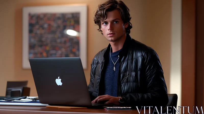 Young professional at laptop in softly lit modern office workspace