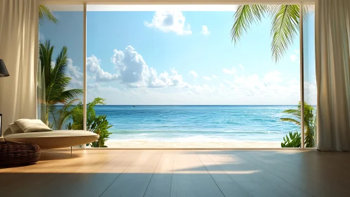 Luxury oceanfront lounge frames bright tropical seascape