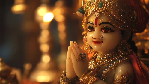 Gilded devotional sculpture in warm temple bokeh lighting.