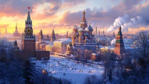 Winter sunset over colorful domes in a storybook cityscape.