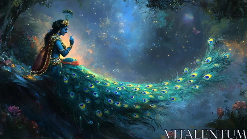 Divine blue figure with jeweled peacock tail in moonlit forest