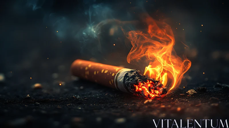 Burning cigarette butt on dark ground with visible open flame.