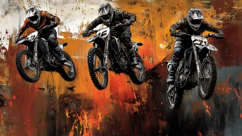 Motocross riders launch over abstract fiery track backdrop.