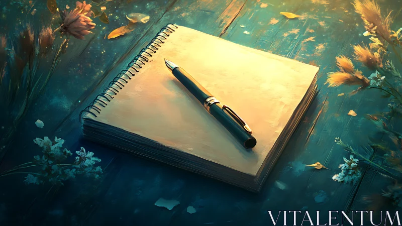 Sunlit spiral notebook and pen on rustic teal table.