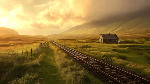 Golden-hour rail corridor across wind-sculpted grasslands.