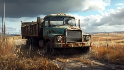 Rusty farm truck stands weathered on rural dirt road
