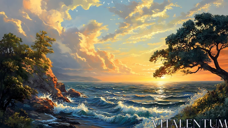 Sunlit coastal cliffs frame glowing stormlit seascape.