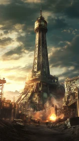 Towering industrial fortress dominates ruined cityscape