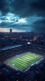 Stormlit city stadium humming under electric twilight sky.