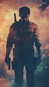 Lone action hero walking through smoke and fading light.