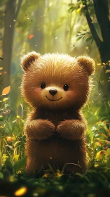 Teddy bear style creature standing in sunlit forest clearing.