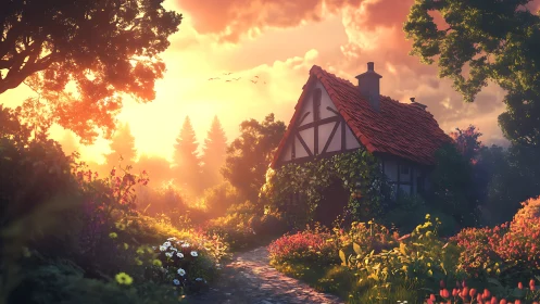 Cottage with garden path under low sun in rural setting.